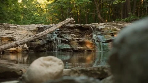 Rack Focus River Rock to Forest Waterfall - Close up - Seneca Falls New York Stock Footage 345547629