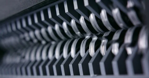 Rack focus of shredder jaws turning close up of mechanical action Stock Footage 123733562