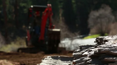 RACK FOCUS SMALL TRACTOR MOVING DIRT ON RIVER BANK BRIGHT Stock Footage 51768205