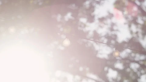 Rack focus to a string of lights hanging in the backyard with a lens flare 스톡 동영상 116828092