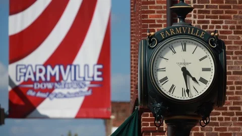 Rack Focus From Town Center Clock to Downtown Farmville VA Sign Stock Footage 121161254