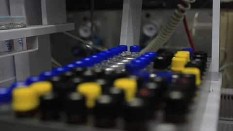 Rack focus from vials containing samples ready to be injected into a chromatogra Stock Footage 279461868