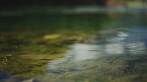 Rack focus from water to Mountain Peak behind lake Stock Footage 127461776