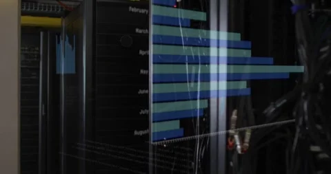 Rack glass showing data, vertical teal bars appearing, sliding into stacked bars Stock Footage 331872691