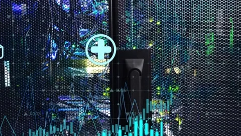 Rack handle showing incoming data, teal graphs, icons cycling for data center Vidéo 332566556