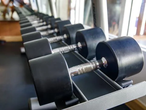 A rack of heavy round dumbbells at empty gym or fitness club. Stock Photos