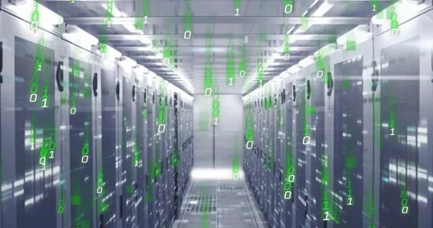 Rack indicator lights signaling data activation as binary digits streaming past Stock Footage 311225171