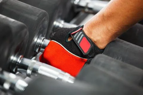 A rack with metal dumbbells in gym. Stock Photos