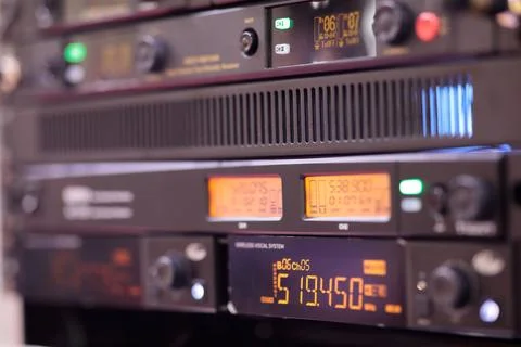 Rack mounted digital wireless audio system closeup Stock Photos
