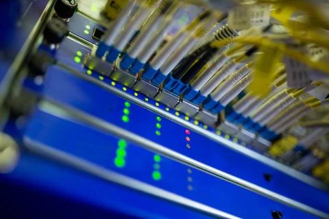 Rack-mounted fiber-optic patch panel is showing in flat-style with blue yellow 스톡 사진