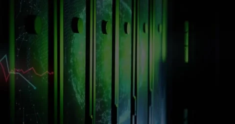 Rack-mounted server cabinets glowing with green LED indicators and network Stock Footage 329028269
