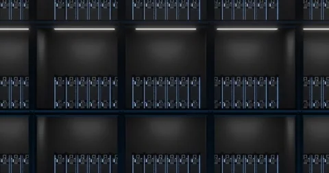 Rack-mounted servers glowing in grid on transparent background, flat design Stock Footage 327309391