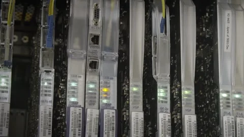 Rack mounted telecommunications server equipment with flashing status light.. Stock Footage 337777978