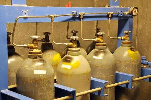 The rack of nitrogen bottles Stock Photos