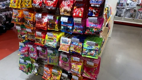 Rack of preflight snacks available at market within Toulouse international Video stock 123009740