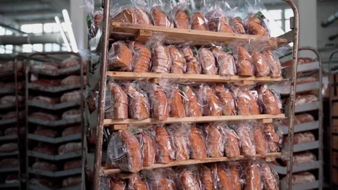 Rack with ready packed fresh bread. Bread factory indoors Stock Footage 250263455