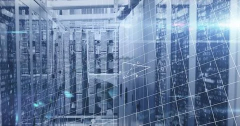 Rack server cabinet standing in data center, with switches, cables, grid and Stock Photos