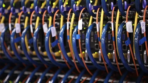 Rack of supercomputer with cables and light indicators Stock Footage 103456225
