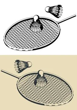 Rackets and shuttlecocks for badminton closeup Illustrazione stock
