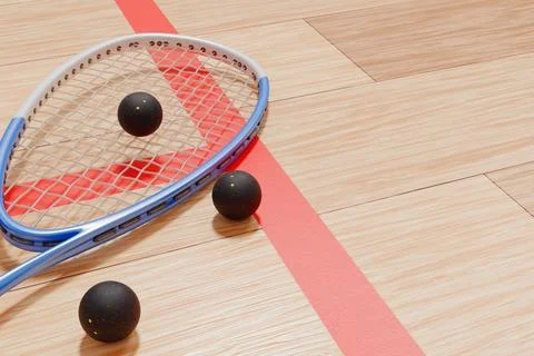 Rackets and squash balls on the floor of the sports court. Stock-Illustration