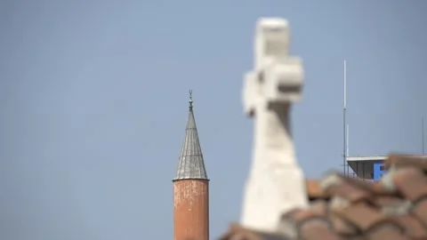 Racking focus between the Church of St. Petka Samardzhiyska and Banya Bashi Stock Footage 334998134