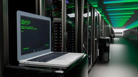 Rackmount LED console in server room data center. Server. Room servers data Ilustración de archivo