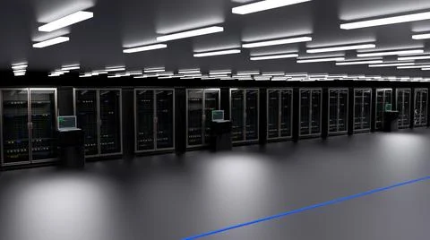 Rackmount LED console in server room data center. Server. Room servers data Illustrazione stock