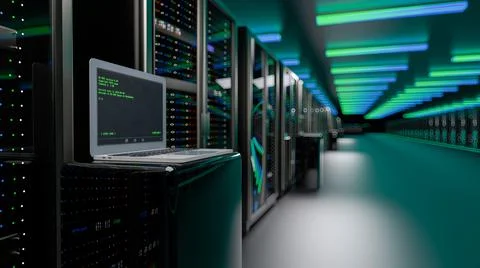 Rackmount LED console in server room data center. Server. Room servers data Stock Illustration
