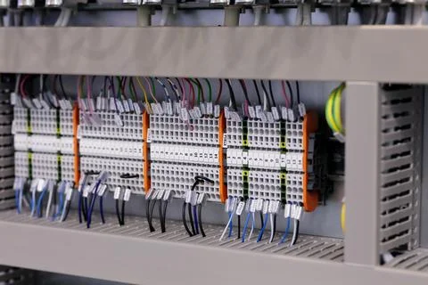 Rackmount PLC control panel wiring close up Stock Photos
