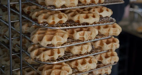 Racks of Cooked Liege Waffles Video stock 129844952