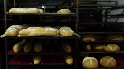 Racks of Freshly Baked Bread. Chinchón. Madrid. Spain. Stock Footage 249126182