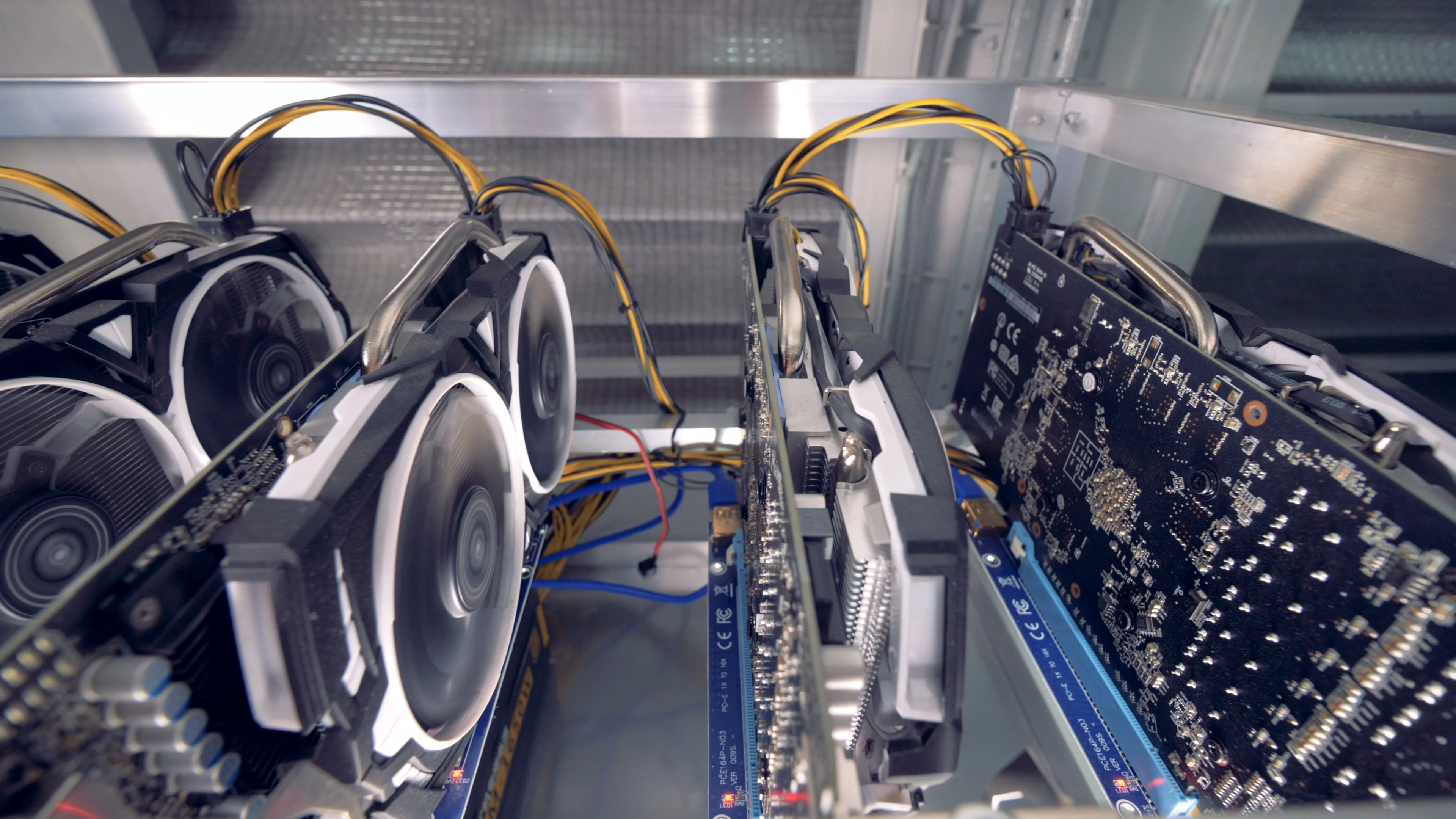 Racks with graphic cards in modern cryptocurrency mining Data Center.