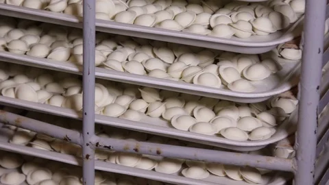Racks with ready-made dumplings with meat on trays, close-up, camera moves from Stock Footage 75255254