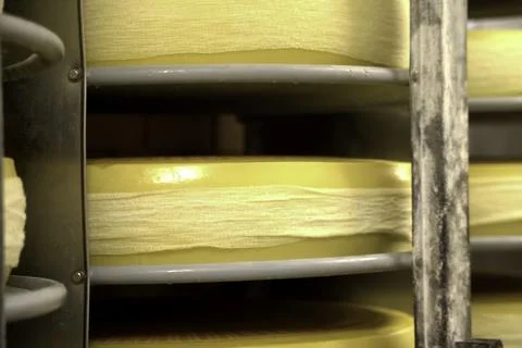 Racks with washers of cheese. Cheese Stock Photos