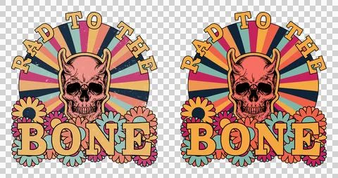 Rad To The Bone - Retro Skull And Flowers Png Illustrations Stock Illustration