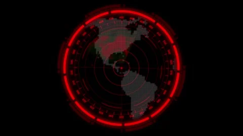 Radar display animation with red pixel map. Radar display global target tra.. Stock Footage 337022234