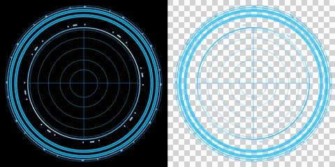 Radar futuristic circular scanning interface with glowing blue rings and digital Illustrazione stock