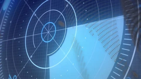 Radar HUD rotating over navy grid, dotted matrix sliding right, causing sweep Stock Footage 332900385