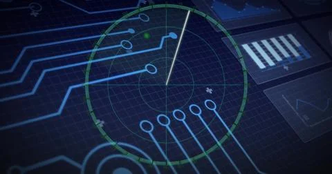 Radar image with digital circuits and data processing over blue grid background Stock Illustration