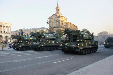 Radar mobile stations driving on a square. Military parade Stock Photos