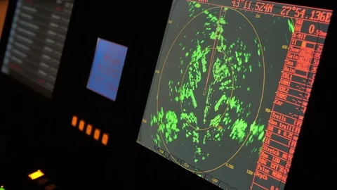 Radar monitor in a ship. Ship cruise yacht navigation screens sea maneuvers Stock Footage