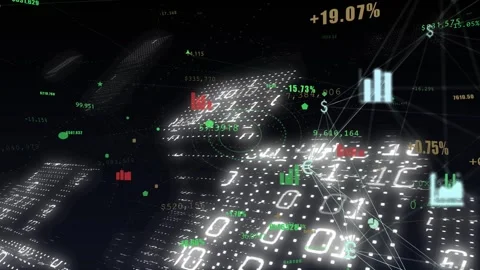 Radar overlay appearing, central 3D cluster pulsing, camera panning right Stock Footage 334884251