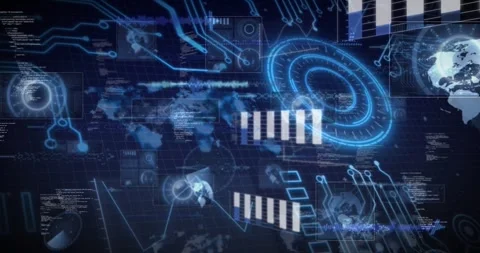 Radar ring pulsing, hologram data UI expanding, bars sliding, code streaming, Stock Footage 331198142