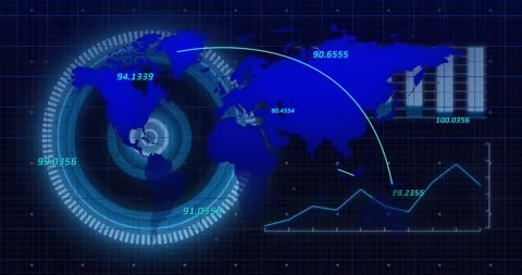 Radar rings lighting, circular map tracing arcs to Eurasia, updating readouts, Stock Footage 321700964