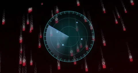 Radar scanning animation over falling binary code in digital environment Stock Footage 303555890