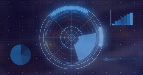 Radar scanning image with data charts and graphs on grid background Foto stock