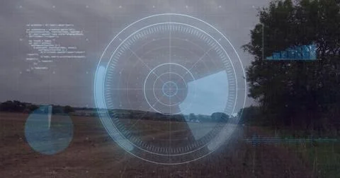 Radar scanning image over rural landscape with trees and cloudy sky Illustrazione stock
