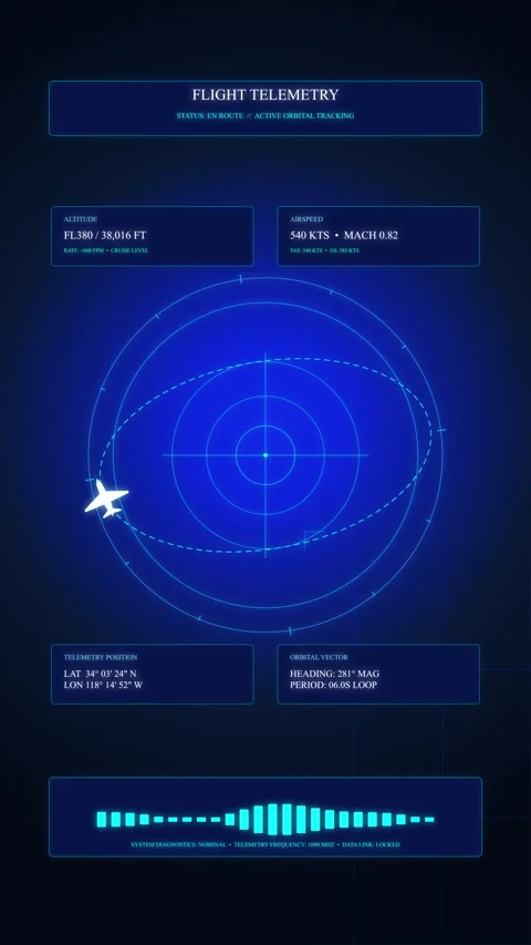 Radar screen animation tracking airplane flight path in blue hud style Stock Footage 346553094