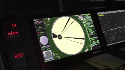 Radar screen on control panel inside navigation bridge of ship. Vidéo 274050364