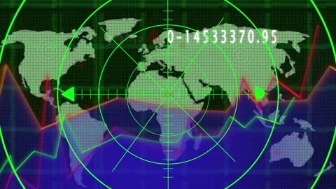Radar Screen with Digital World Map, Financial Graphs, and Targeting Elemen.. Stock Footage 321454795